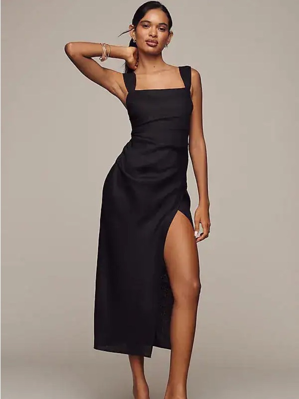 Reformation Clement Linen Side-Slit Black Midi Dress Size 8 NWOT